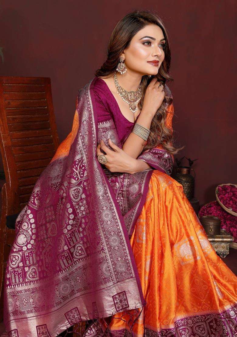 Orange Zari Work Silk Blend Saree Set - Indya