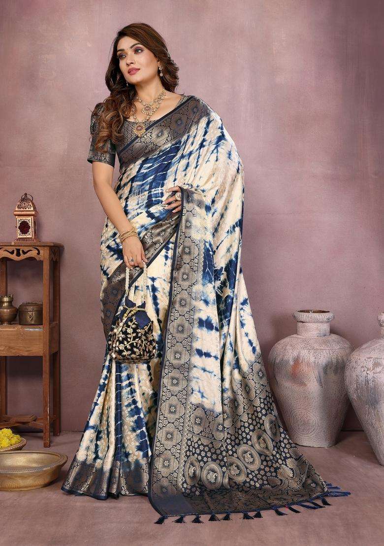 Cream Zari Work Silk Blend Saree Set - Indya