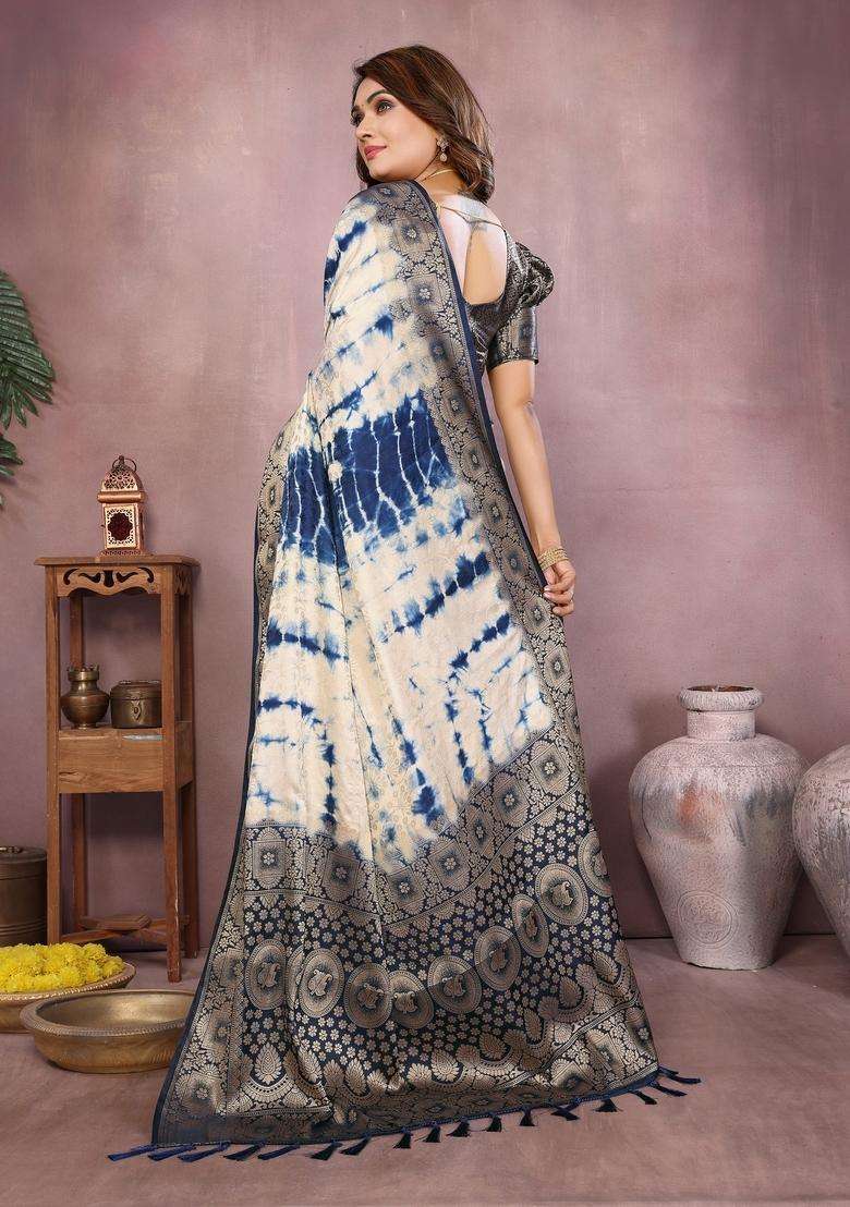 Cream Zari Work Silk Blend Saree Set - Indya
