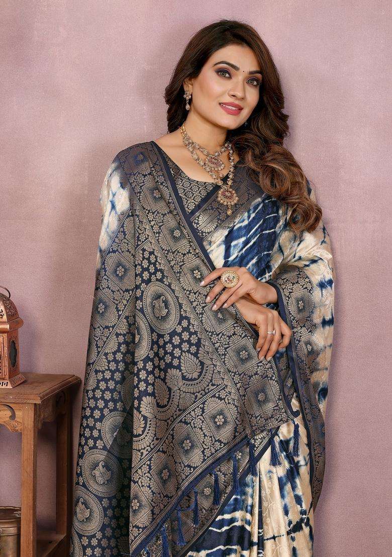Cream Zari Work Silk Blend Saree Set - Indya