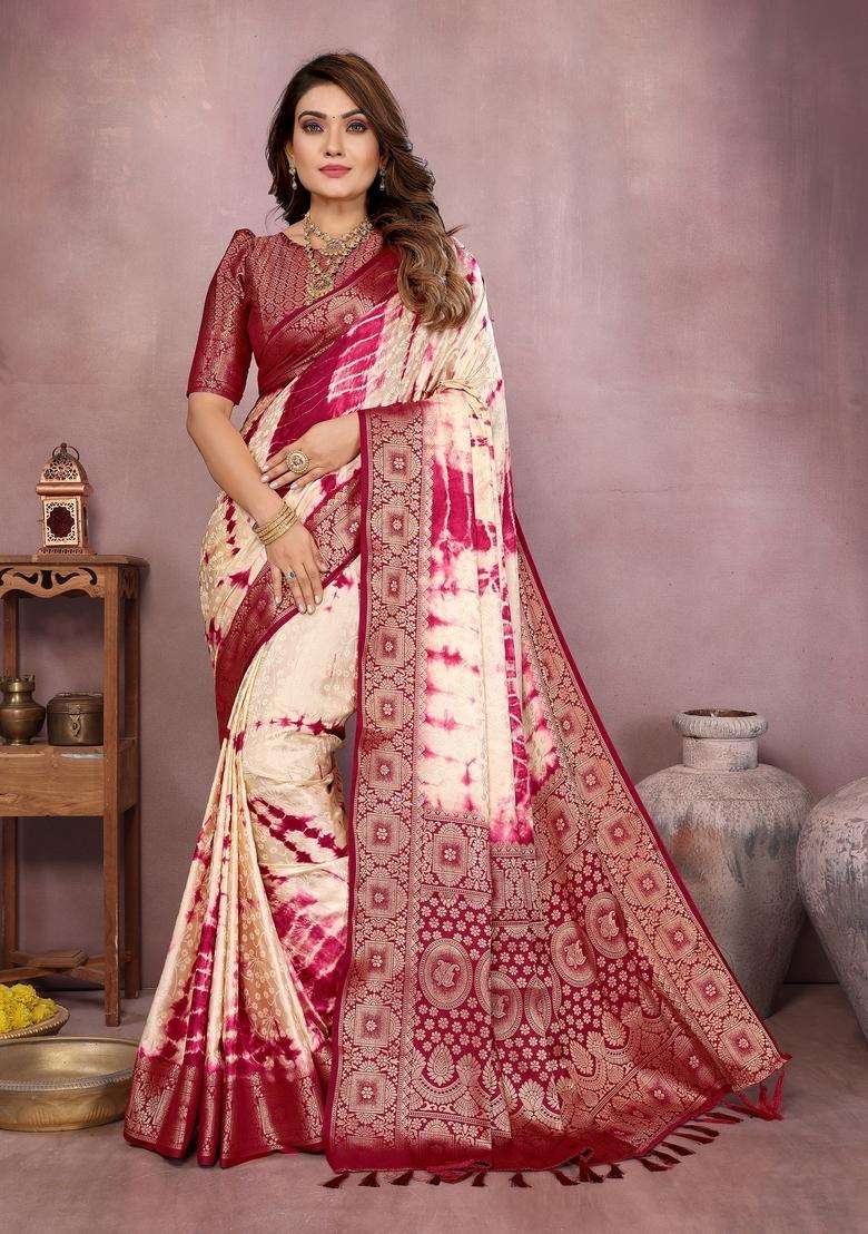 Cream Zari Work Silk Blend Saree Set - Indya