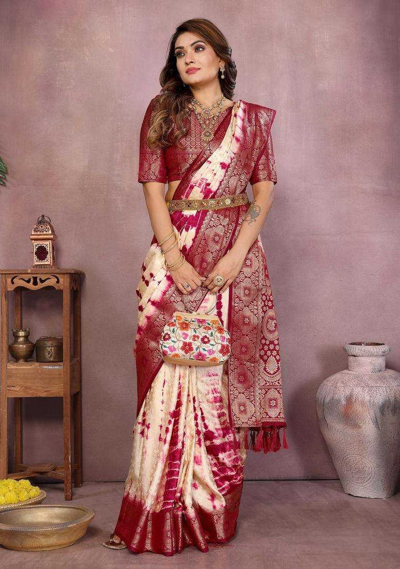 Cream Zari Work Silk Blend Saree Set - Indya
