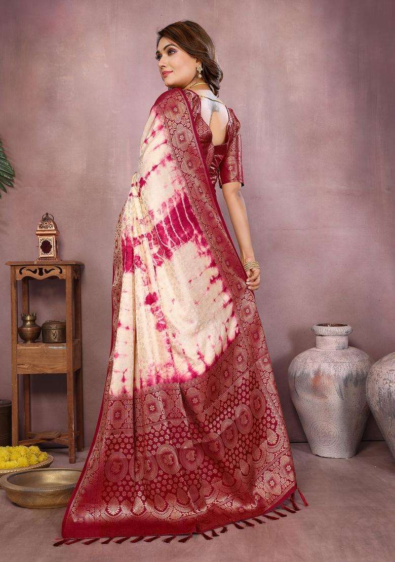 Cream Zari Work Silk Blend Saree Set - Indya