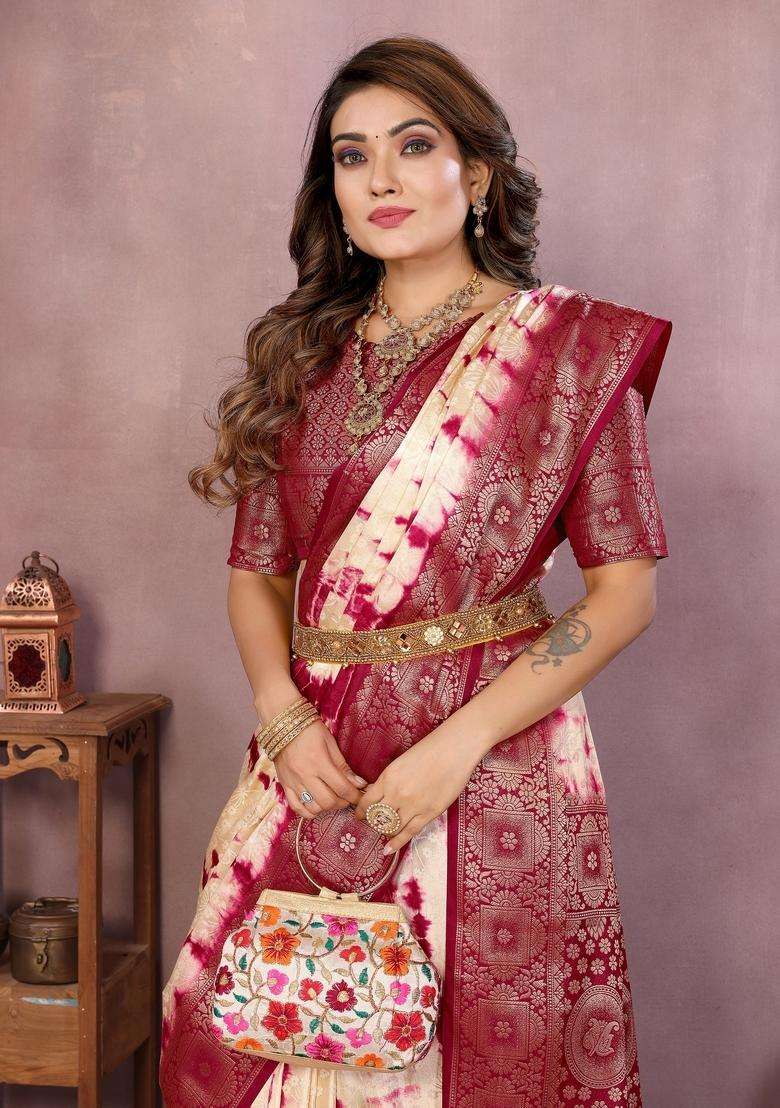 Cream Zari Work Silk Blend Saree Set - Indya