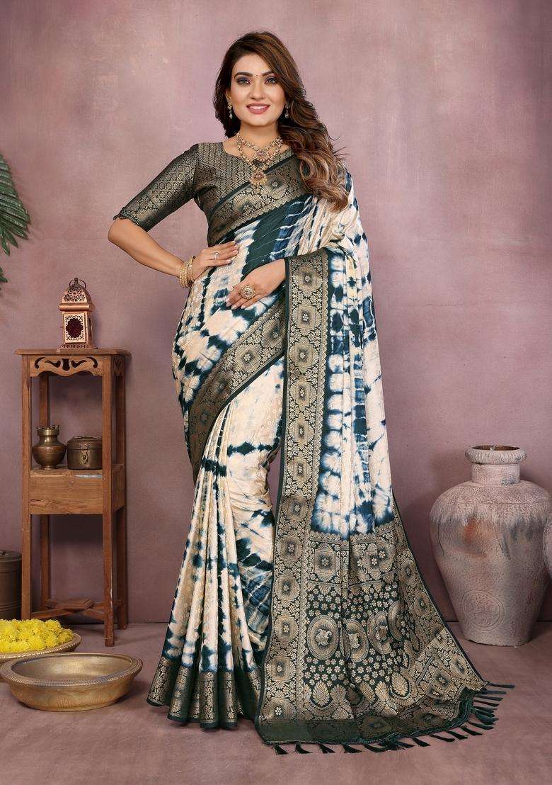 Cream Zari Work Silk Blend Saree Set - Indya