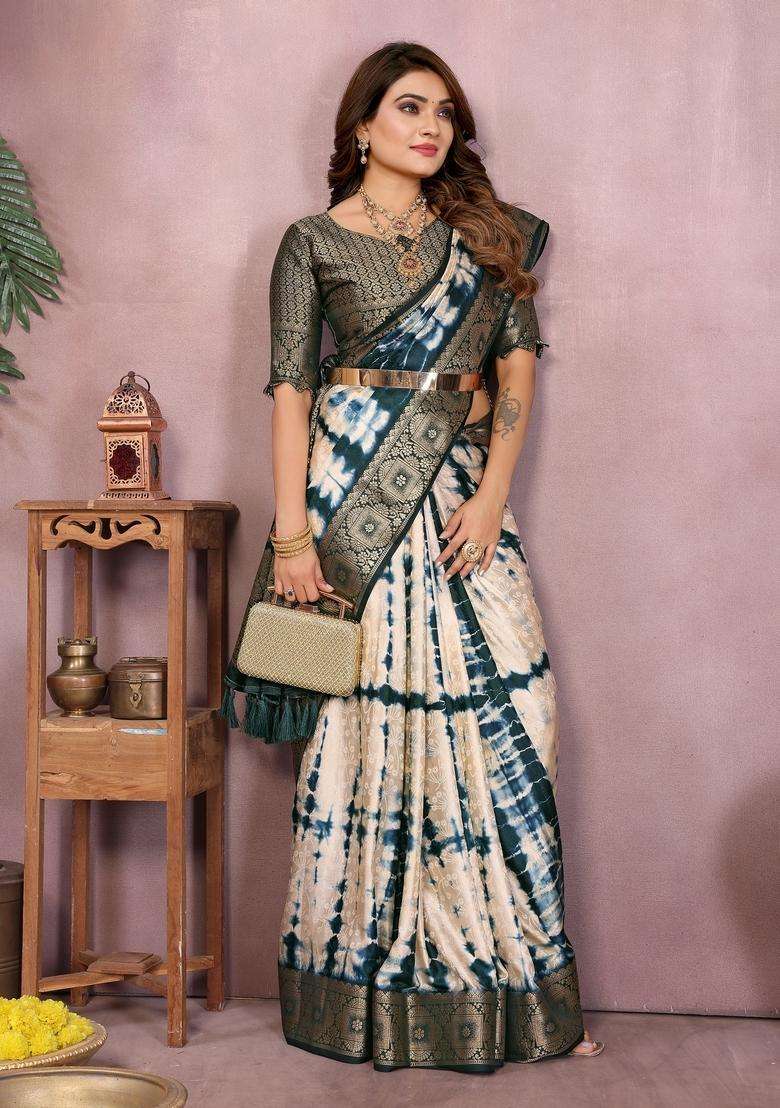 Cream Zari Work Silk Blend Saree Set - Indya