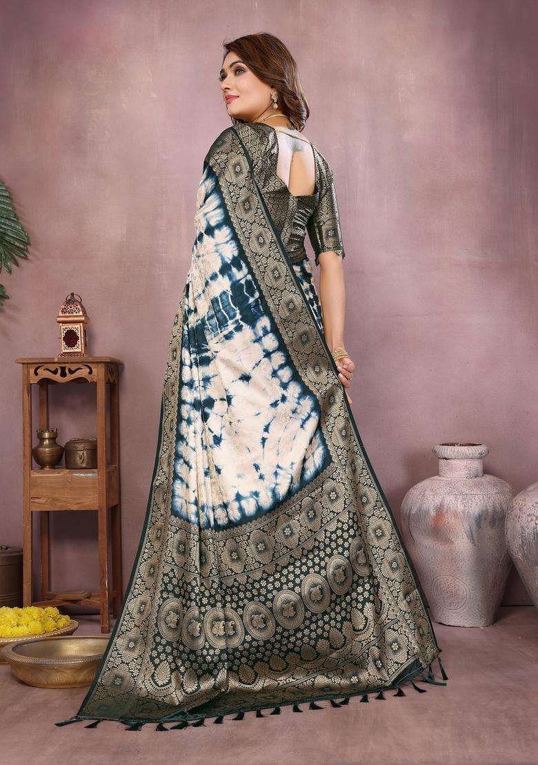 Cream Zari Work Silk Blend Saree Set - Indya