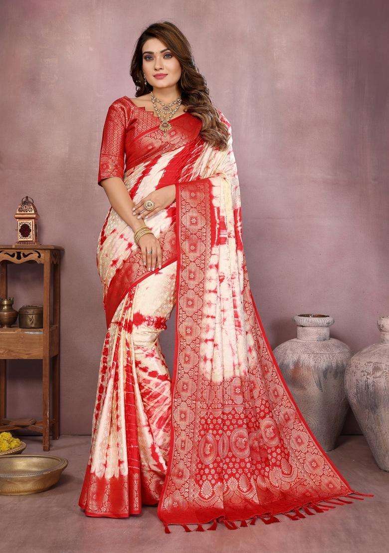 Cream Zari Work Silk Blend Saree Set - Indya