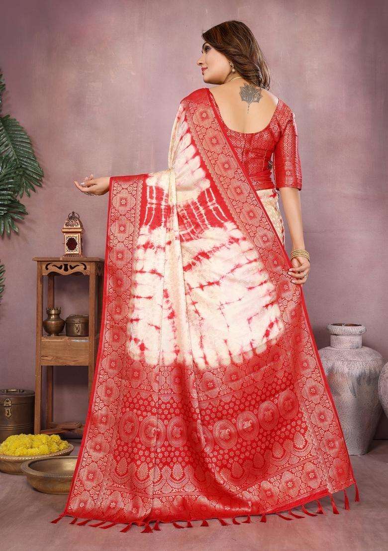 Cream Zari Work Silk Blend Saree Set - Indya