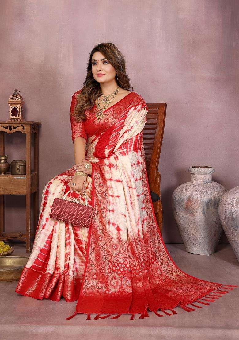 Cream Zari Work Silk Blend Saree Set - Indya