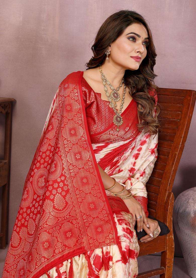 Cream Zari Work Silk Blend Saree Set - Indya