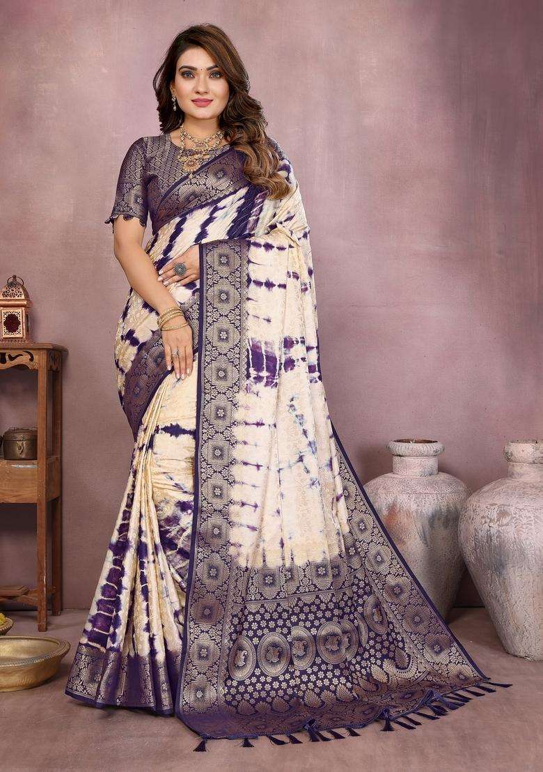 Cream Zari Work Silk Blend Saree Set - Indya