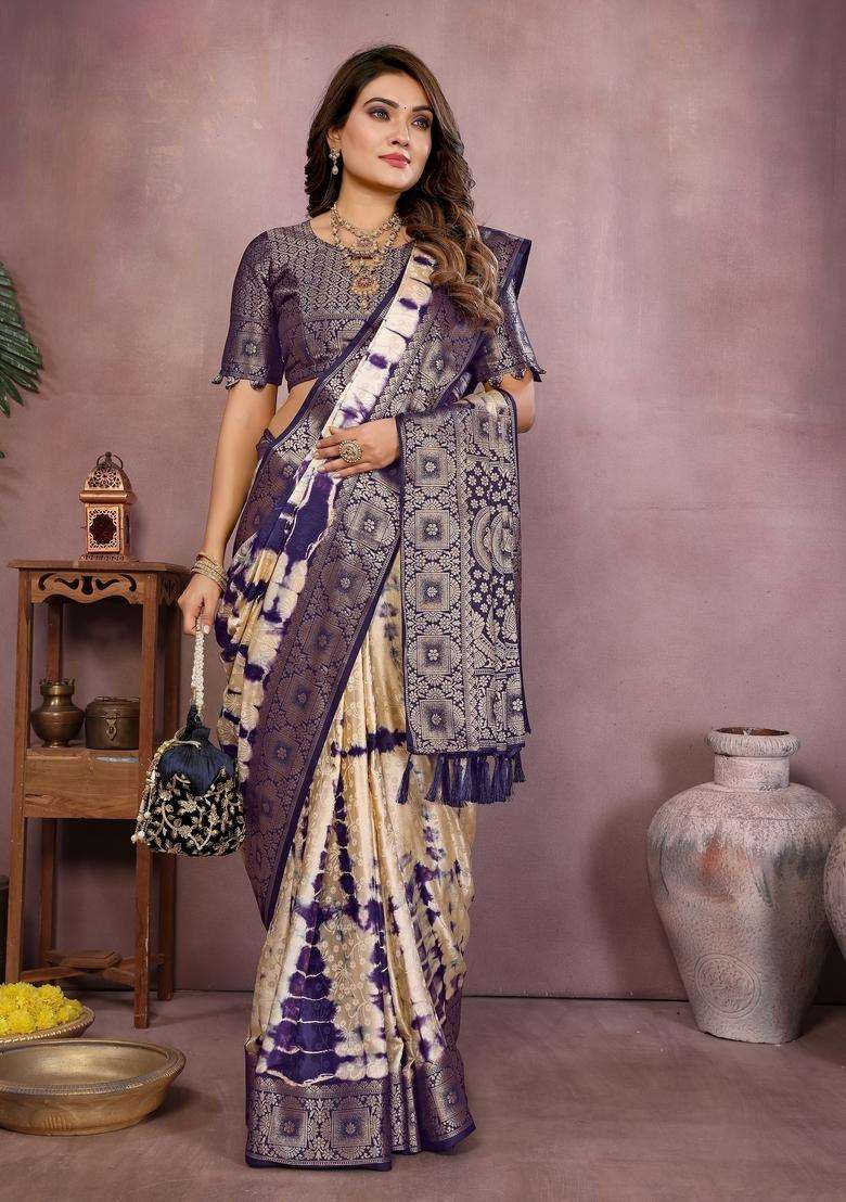 Cream Zari Work Silk Blend Saree Set - Indya