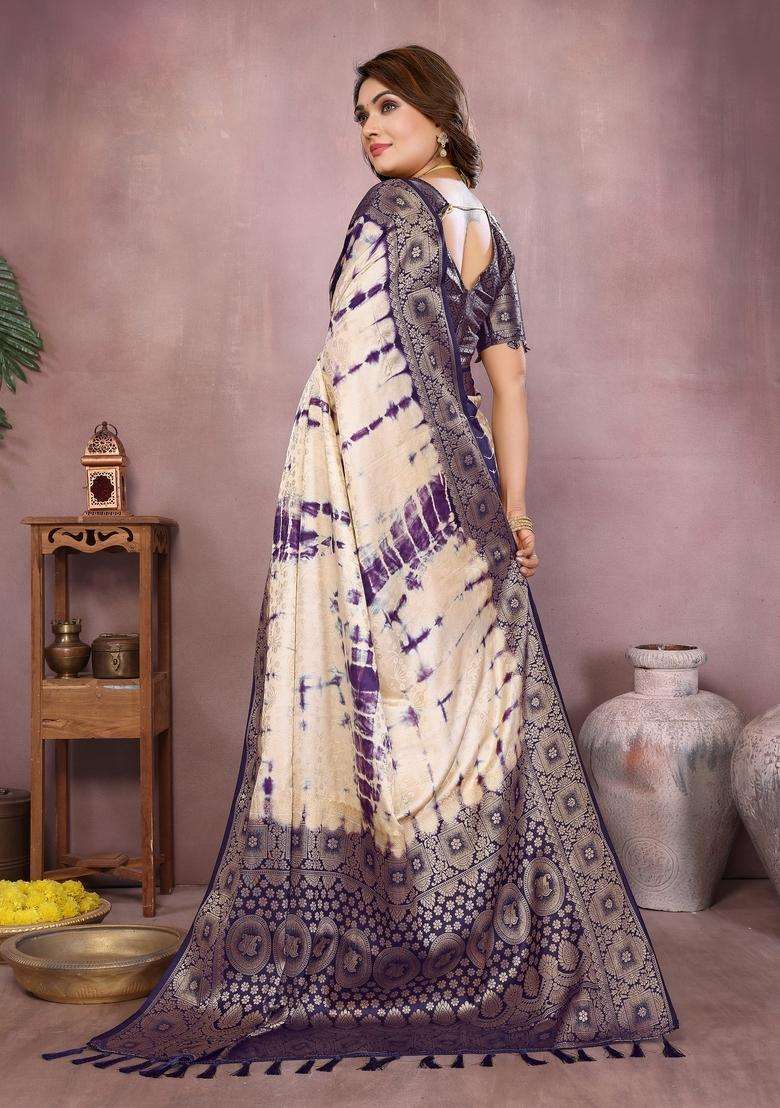 Cream Zari Work Silk Blend Saree Set - Indya