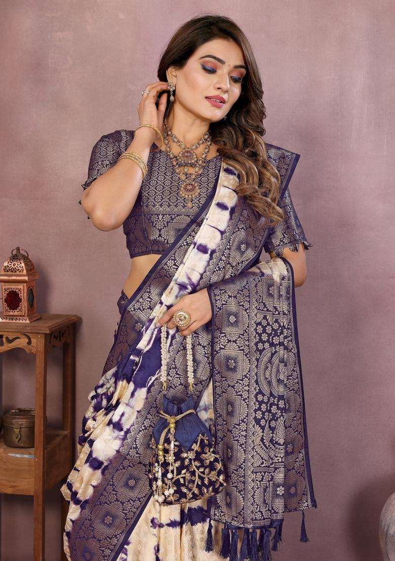 Cream Zari Work Silk Blend Saree Set - Indya