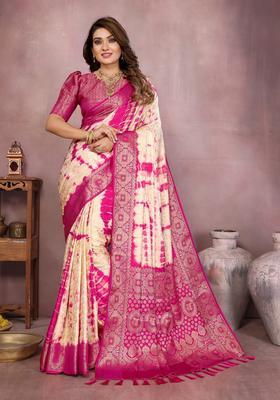 Cream Zari Work Silk Saree Set