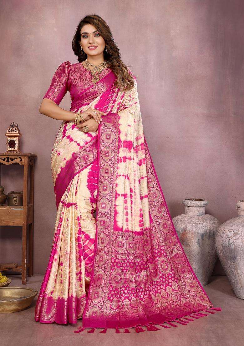 Cream Zari Work Silk Blend Saree Set - Indya