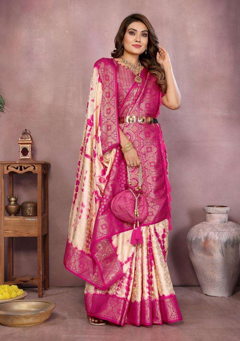 Cream Zari Work Silk Blend Saree Set - Indya