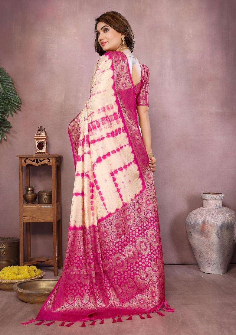 Cream Zari Work Silk Blend Saree Set - Indya