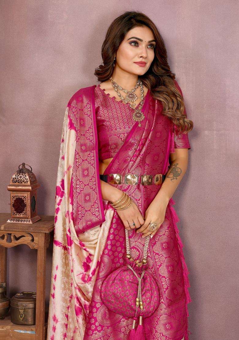Cream Zari Work Silk Blend Saree Set - Indya