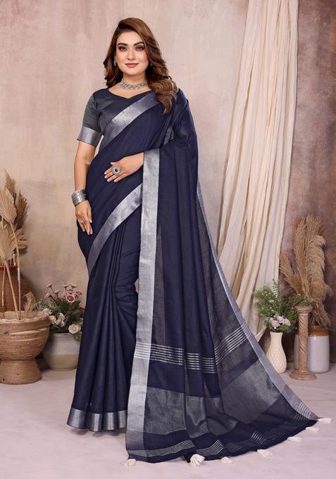 Navy Blue Zari Work Cotton Saree Set