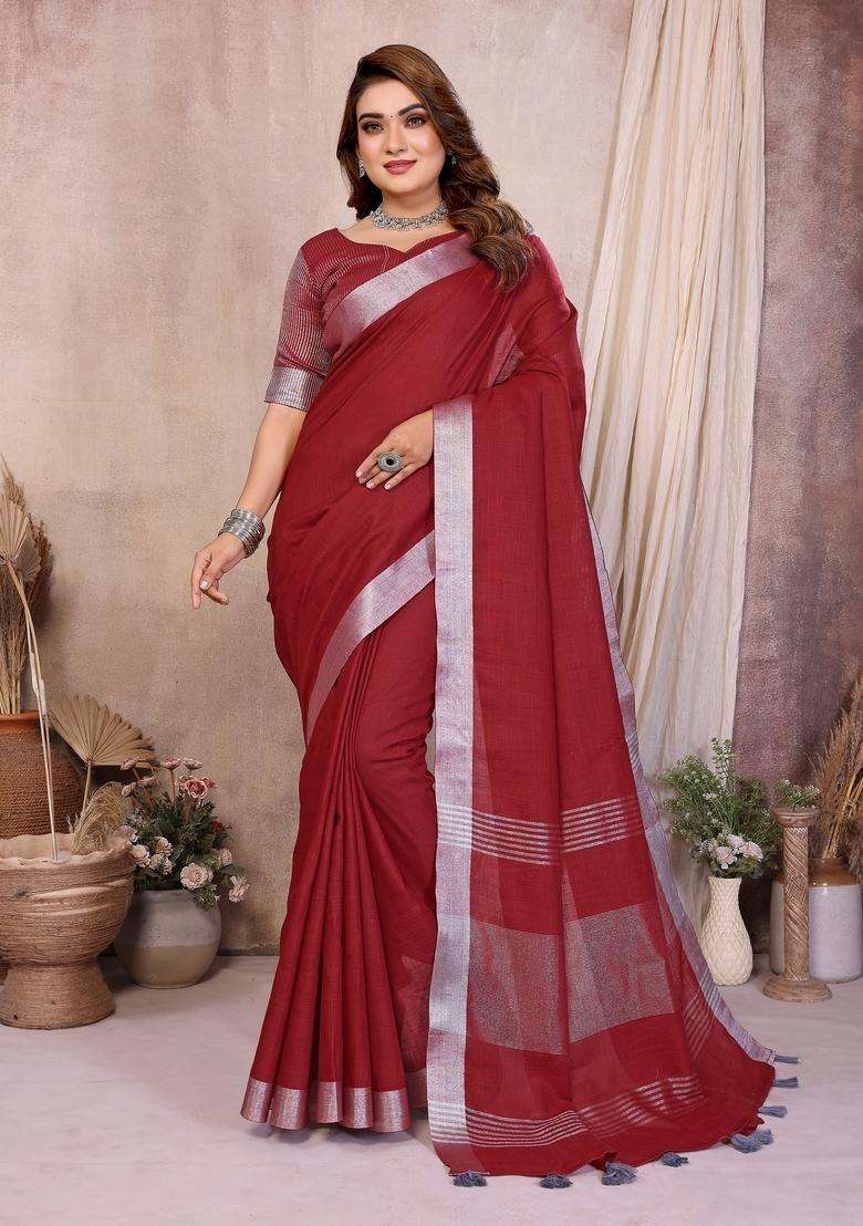 Maroon Zari Work Cotton Saree Set - Indya