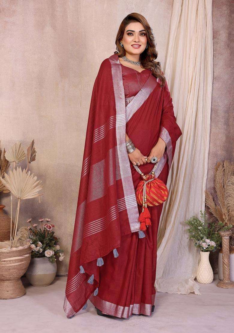 Maroon Zari Work Cotton Saree Set - Indya
