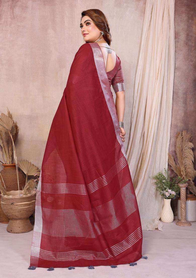 Maroon Zari Work Cotton Saree Set - Indya