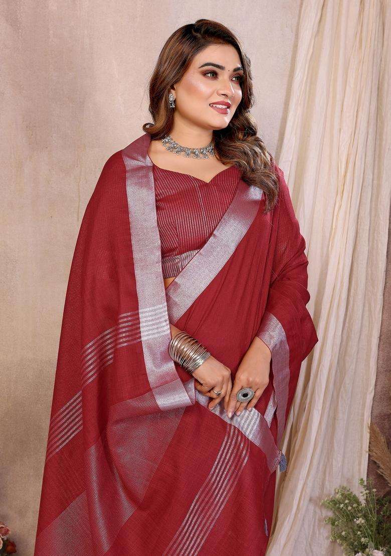 Maroon Zari Work Cotton Saree Set - Indya
