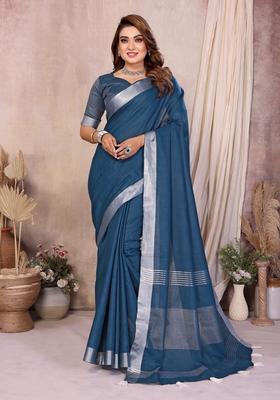 Grey Zari Work Cotton Saree Set