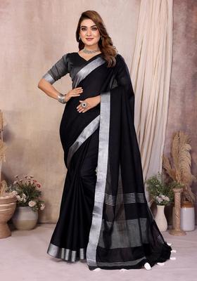 Black Zari Work Cotton Saree Set