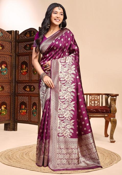 Wine Weaving Silk Saree Set