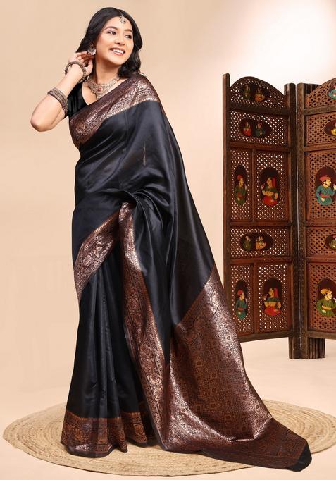 Black Weaving Silk Saree Set