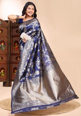 Blue Weaving Silk Saree Set