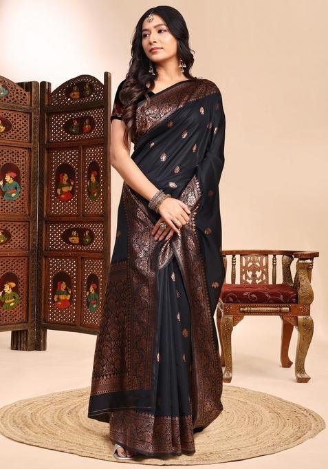 Black Weaving Silk Saree Set
