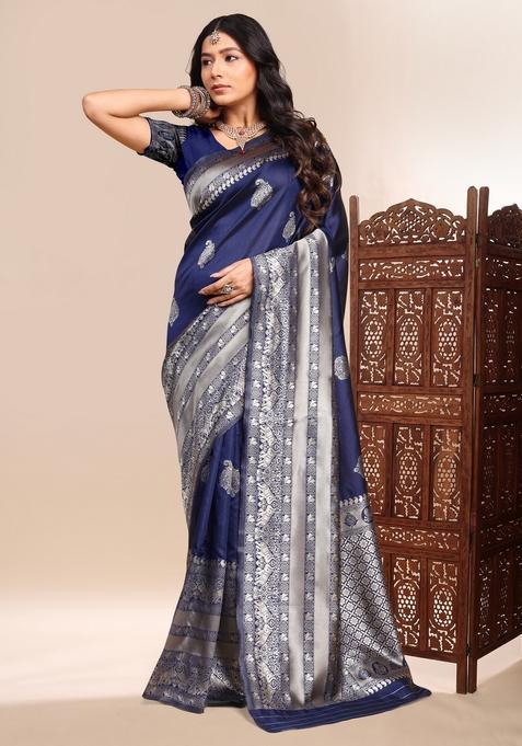 Blue Weaving Silk Saree Set