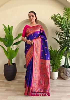 Violet Zari Work Silk Saree Set