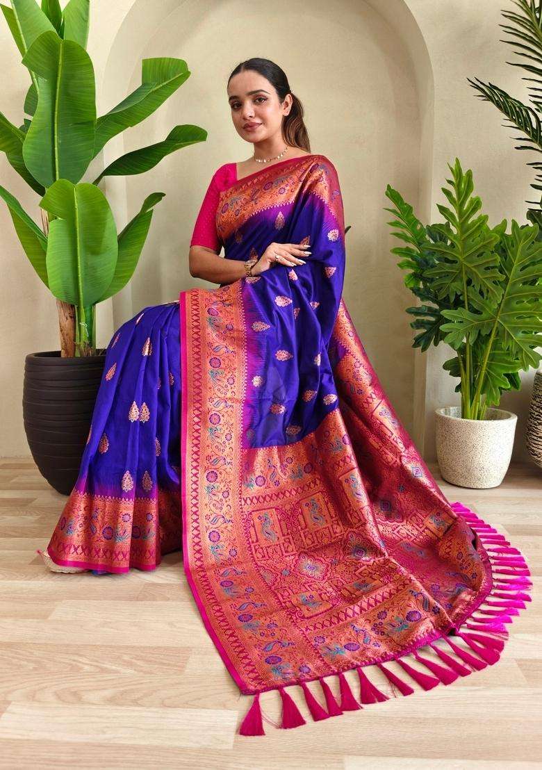 Violet Zari Work Silk Blend Saree Set for Diwali and Festive Wear - Indya