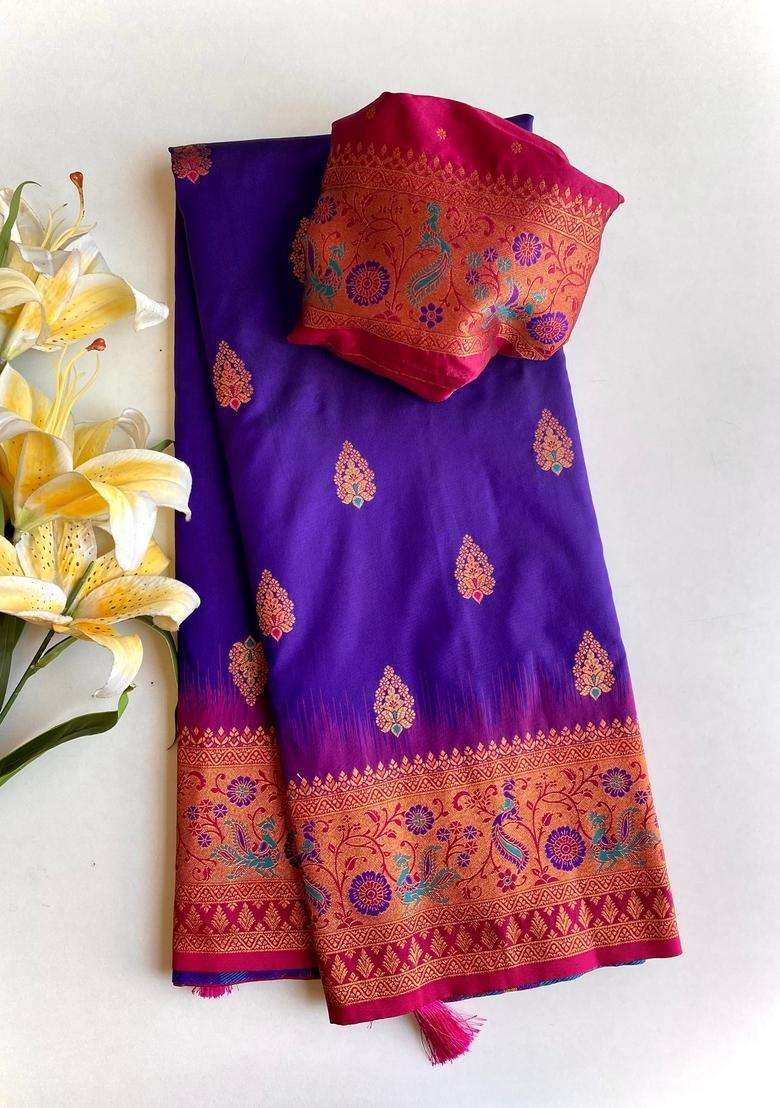 Violet Zari Work Silk Blend Saree Set for Diwali and Festive Wear - Indya