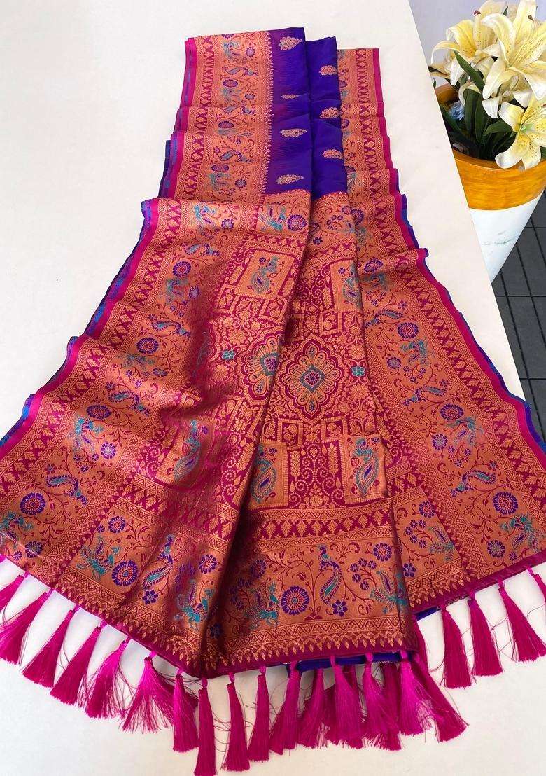 Violet Zari Work Silk Blend Saree Set for Diwali and Festive Wear - Indya