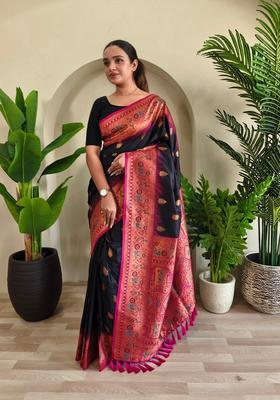 Black Zari Work Silk Saree Set