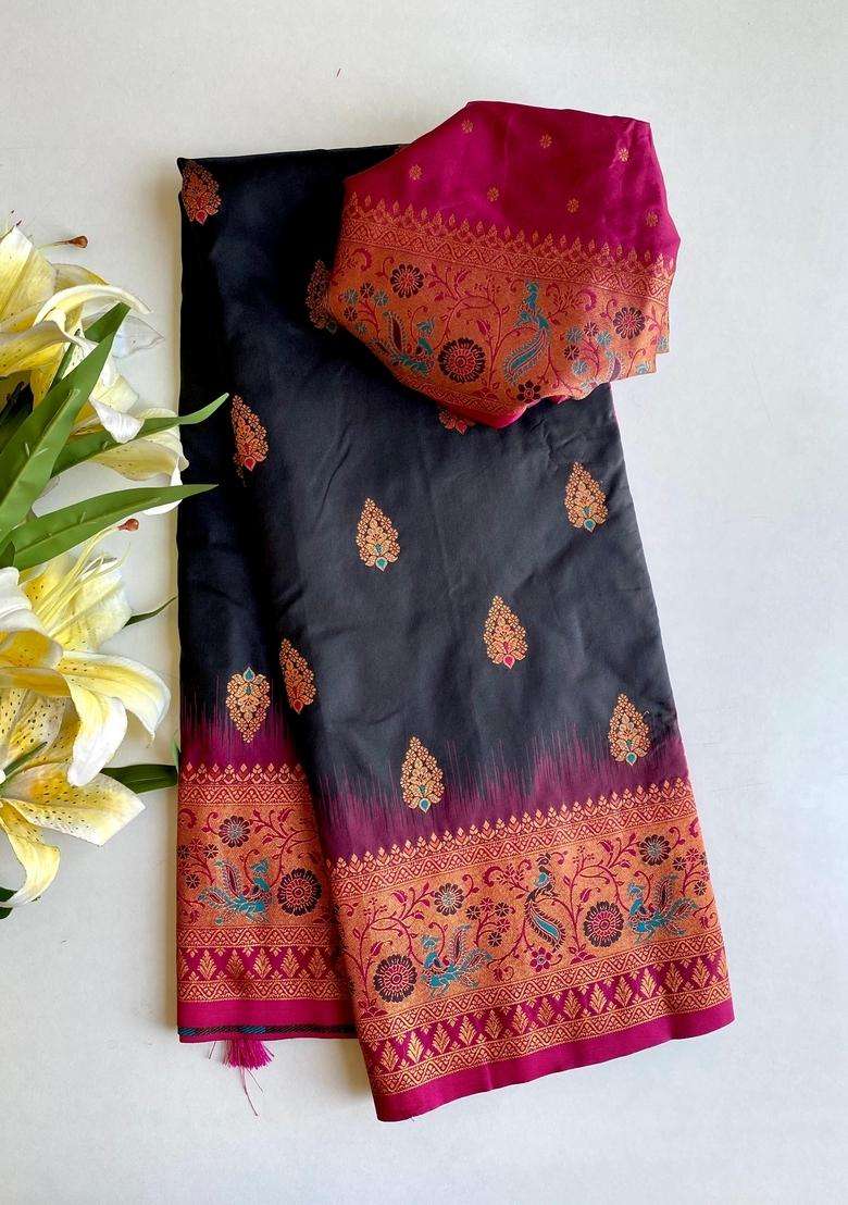 Black Silk Blend Saree Set with Zari Work for Diwali | Wedding & Festive Wear - Indya