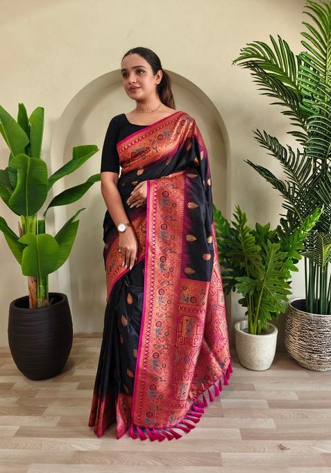 Black Zari Work Silk Saree Set