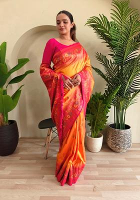 Yellow Zari Work Silk Saree Set