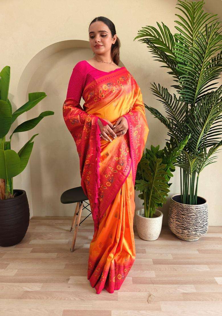 Yellow Zari Work Silk Blend Saree Set for Diwali and Festive Wear - Indya