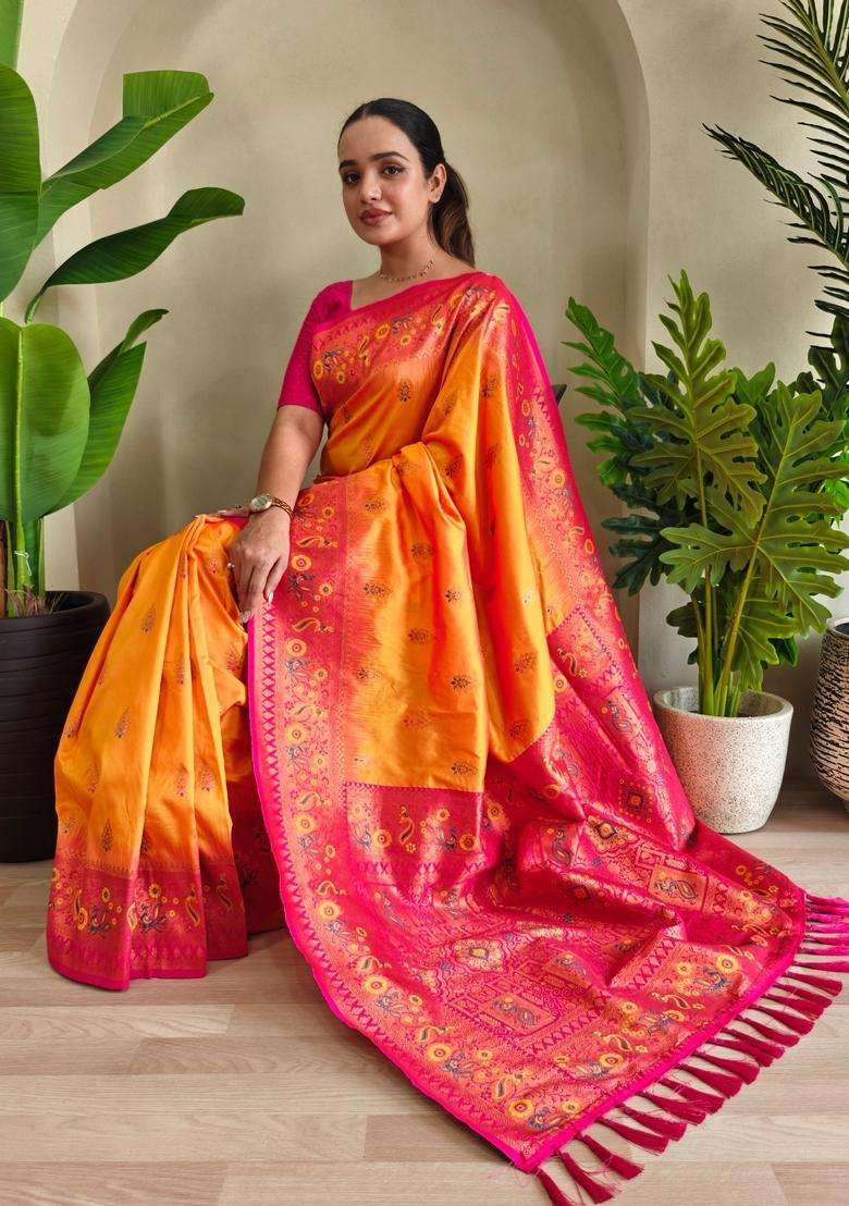 Yellow Zari Work Silk Blend Saree Set for Diwali and Festive Wear - Indya