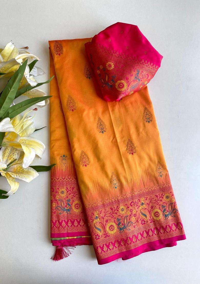 Yellow Zari Work Silk Blend Saree Set for Diwali and Festive Wear - Indya