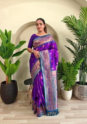 Purple Zari Work Silk Saree Set