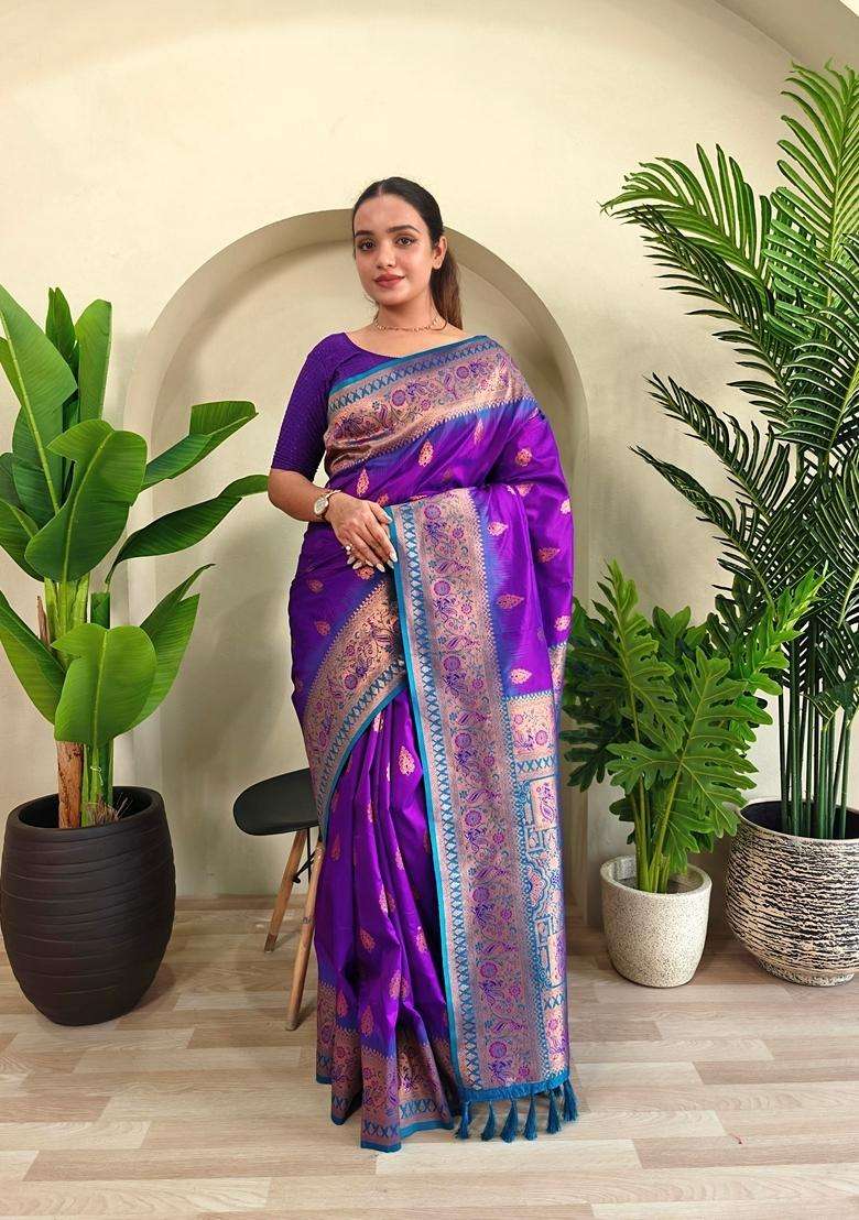 Purple Silk Blend Saree Set with Zari Work for Diwali | Wedding & Festive Wear - Indya