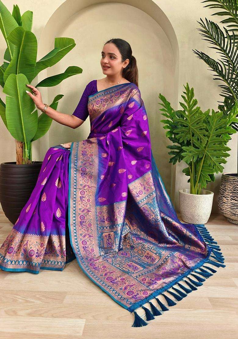 Purple Silk Blend Saree Set with Zari Work for Diwali | Wedding & Festive Wear - Indya